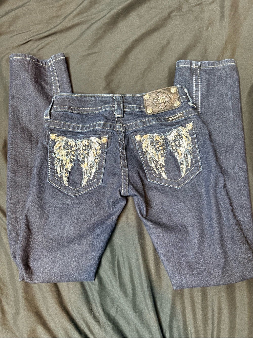 Miss Me Dark Blue Skinny Jeans with Embellished Wing Pockets